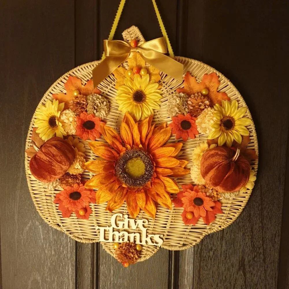Sunflowers Fall Wreath GIVE THANKS Sign Thanksgiving Pumpkin Wall Door Hanger